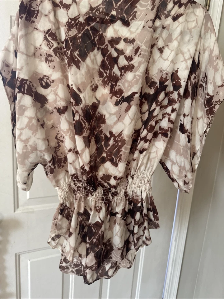 Blusa Parker Estampado Serpiente Seda Peplum Talla S Marrón Beige Boho Chic Top Foto 4 de 4