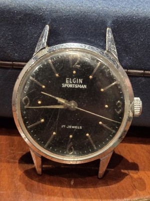 Vtg Elgin Sportsman 17 Jewel Mechanical Mens Wrist Watch SWISS Runs Rare Black