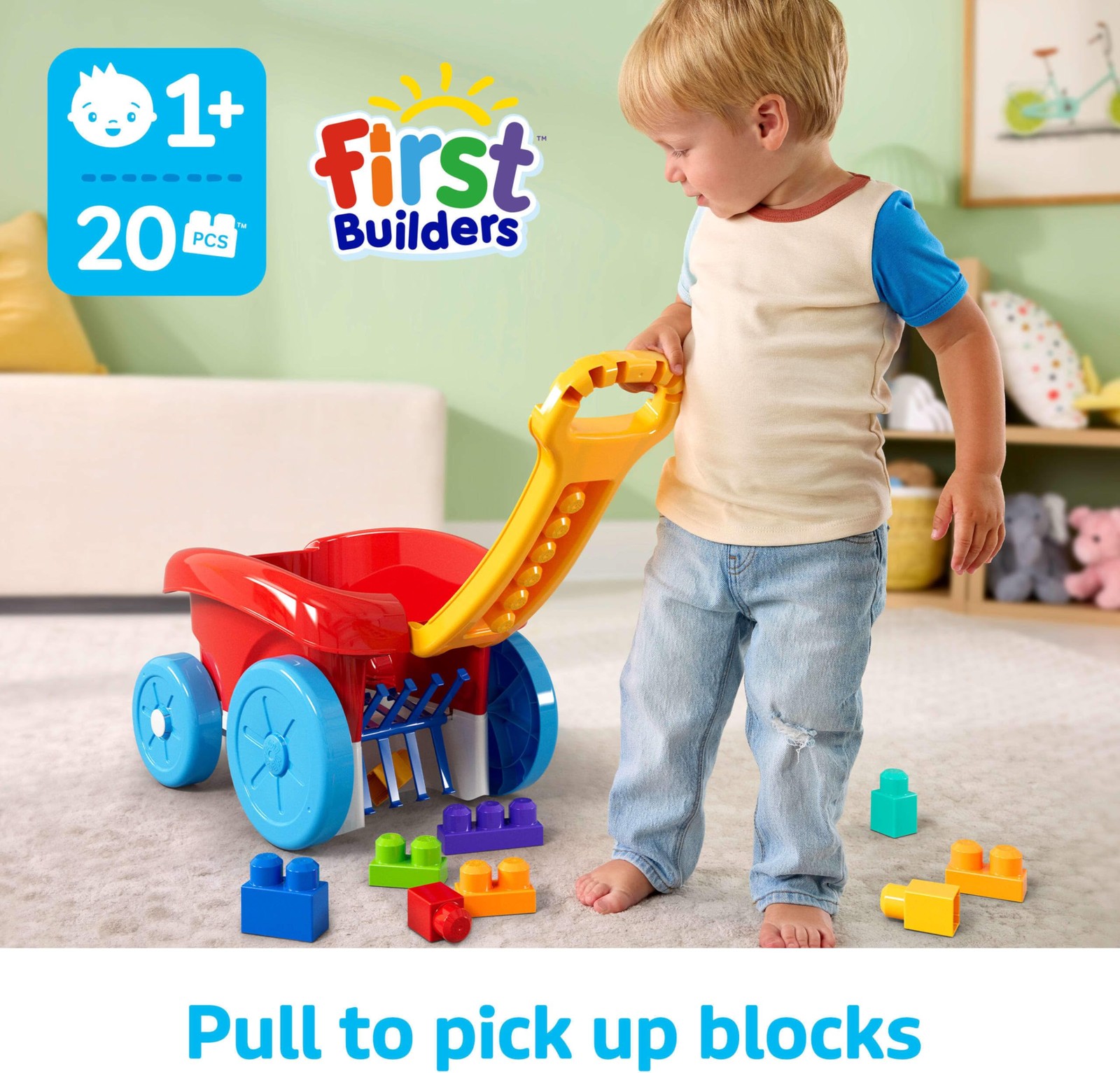 MEGA BLOKS First Builders Toddler Building Toy, Block Scooping Pull Wagon w