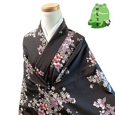 Kaerutei Ka19 Kimono, Synthetic Fiber, Washable Kimono, Black, Floral Pattern