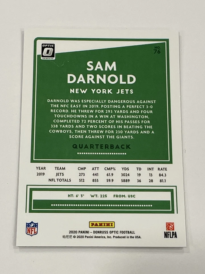 2020 Donruss Optic Football #76 - Sam Darnold - New York Jets - Image 2 of 2