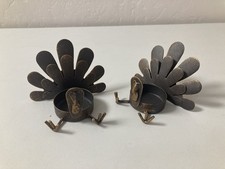 Set of 2 Metal Thanksgiving Turkey Tea Light Candle Holders Brown Rustic Metal
