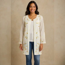 Ivory Sheer Beaded Kimono Jacket Boho Embroidered Ethereal Coquette Resort SZ M