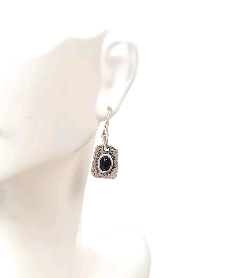 Vintage Lia Sophia Signed Dolce Silver Black Onyx Dangle Drop Hook Earrings - Image 3 of 4