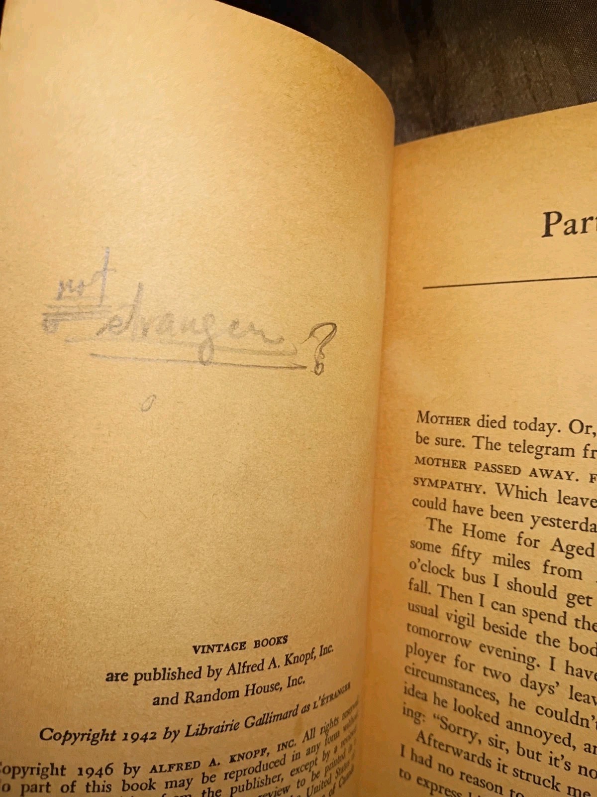 The Stranger A Novel by Albert Camus 1946 Vintage Books 1st Edition 