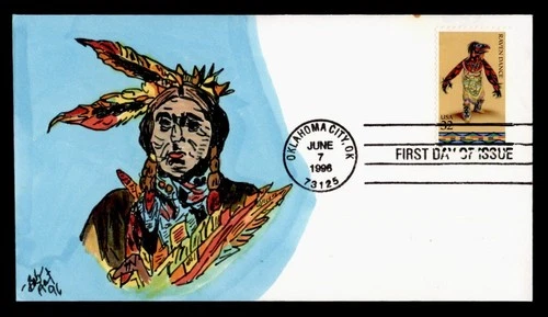 DR WHO 1996 FDC INDIAN RAVEN DANCE BOB ART HANDPAINTED CACHET M75646