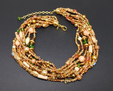Vintage JOAN RIVERS Multi Strand Earth Tones Wood & Glass Bead Necklace