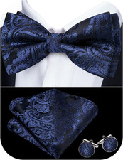 Paisley Striped Bow Tie for Men Silk Pre-Tied Bowtie Pocket Square Cufflinks Set