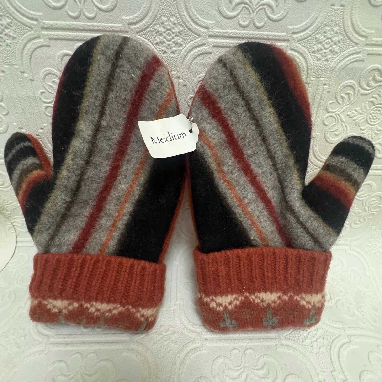 Handmade 100% Wool Mittens Up-Cycled Sweaters New Cozy Fleece Lining Sz Medium