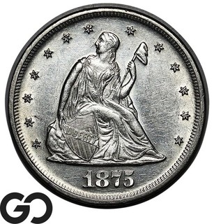 Pieza de veinte centavos 1875 súper nítida gema BU fecha escasa en serie de corta duración