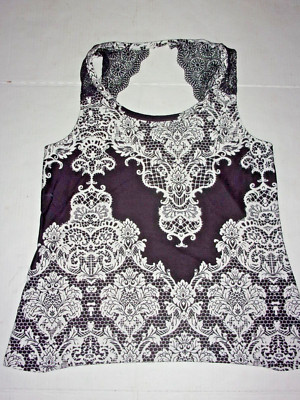 Linea Donatella black ~ white paisley ~ lace tank M