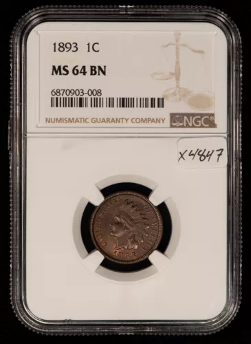1893 1c Indian Head Small Cent - NGC MS 64 BN - RB Rev - SKU-X4847