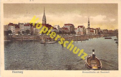 Hamburg Postcard Bismarck Harbour on the Tree Wall Coloured Photo Stamp 1924