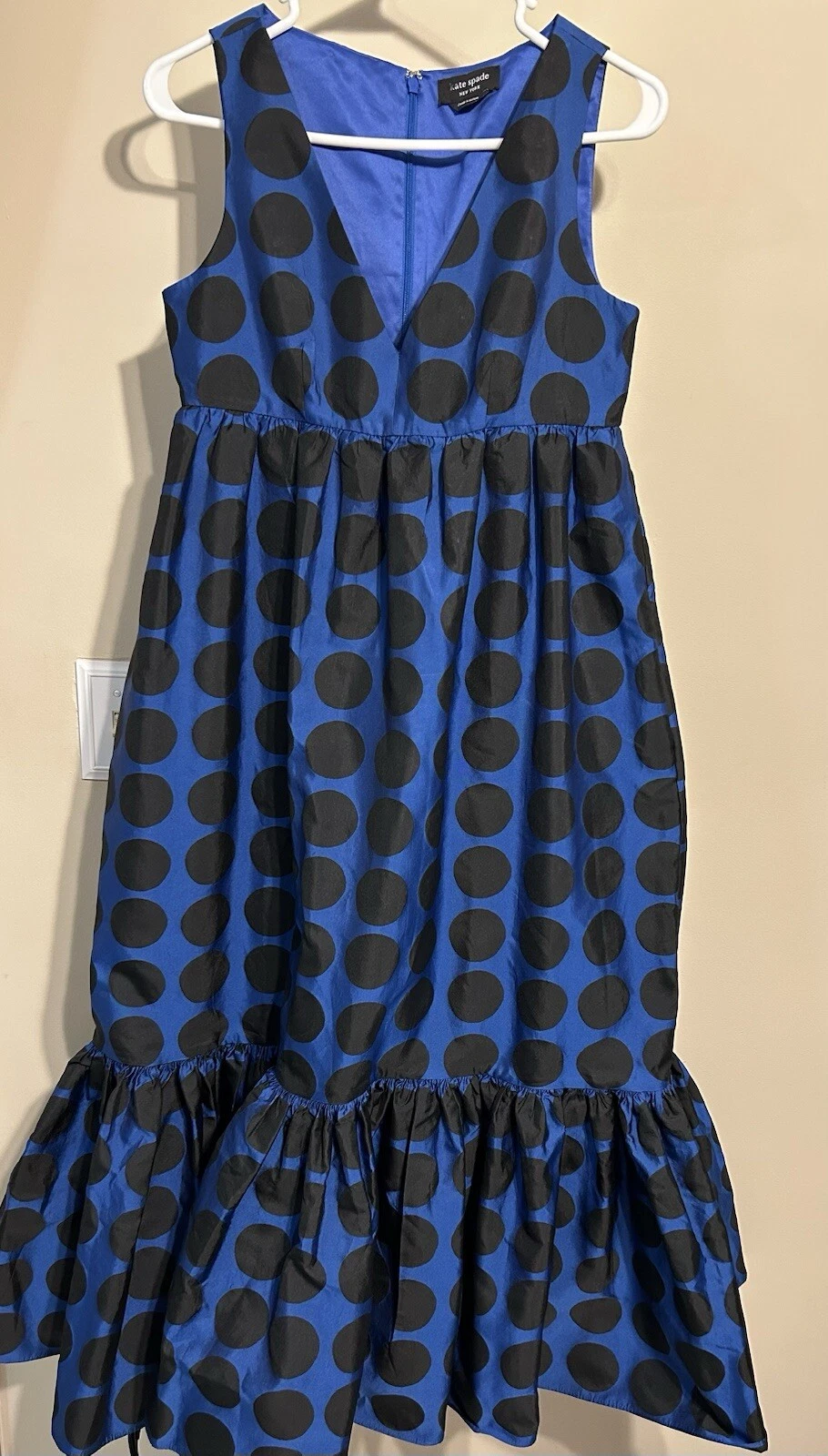 Mini abito Kate Spade scollo a V senza maniche a pois artistico nero blu taglia 4