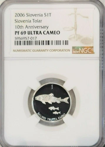 2006 SLOVENIA SILVER 1 TOLAR BROWN TROUT NGC PF 69 ULTRA CAMEO RARE TOP POP 1