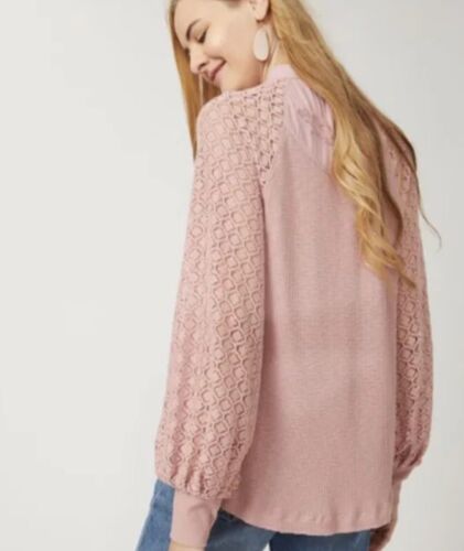Free People Sweetest Thing Rose Embroidered Lace Long Sleeve Thermal Top Sz M/L - Picture 4 of 13