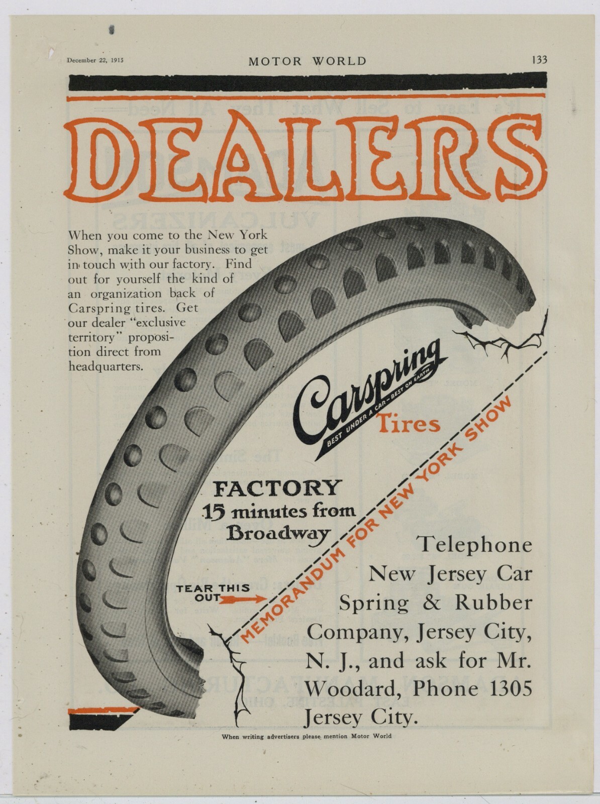 1915 New Jersey Carspring & Rubber Co. Ad: Carspring Auto Tires, Jersey ...