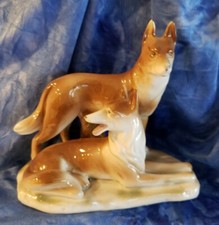 Vintage German Shepherd Pair Porcelain Dogs Figurine Made In Germany