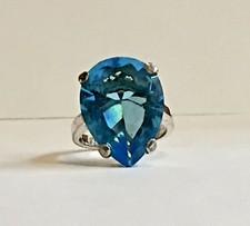 Blue Rhinestone Cocktail Ring Teardrop Shape Prong Set Openwork Sterling 