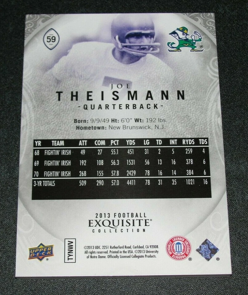2013 Exquisite JOE THEISMANN #59 College Variant/70 Notre Dame FIGHTING IRISH - Image 2 of 2