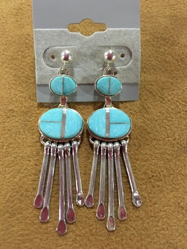 Navajo Artist ~ Sterling Silver .925 Turquoise 1/2" x 2 1/4" Dangle Earrings - Picture 8 of 12
