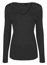 Women New V Neck T Shirt Plain Basic Long Sleeve Stretch Ladies Top 8-26
