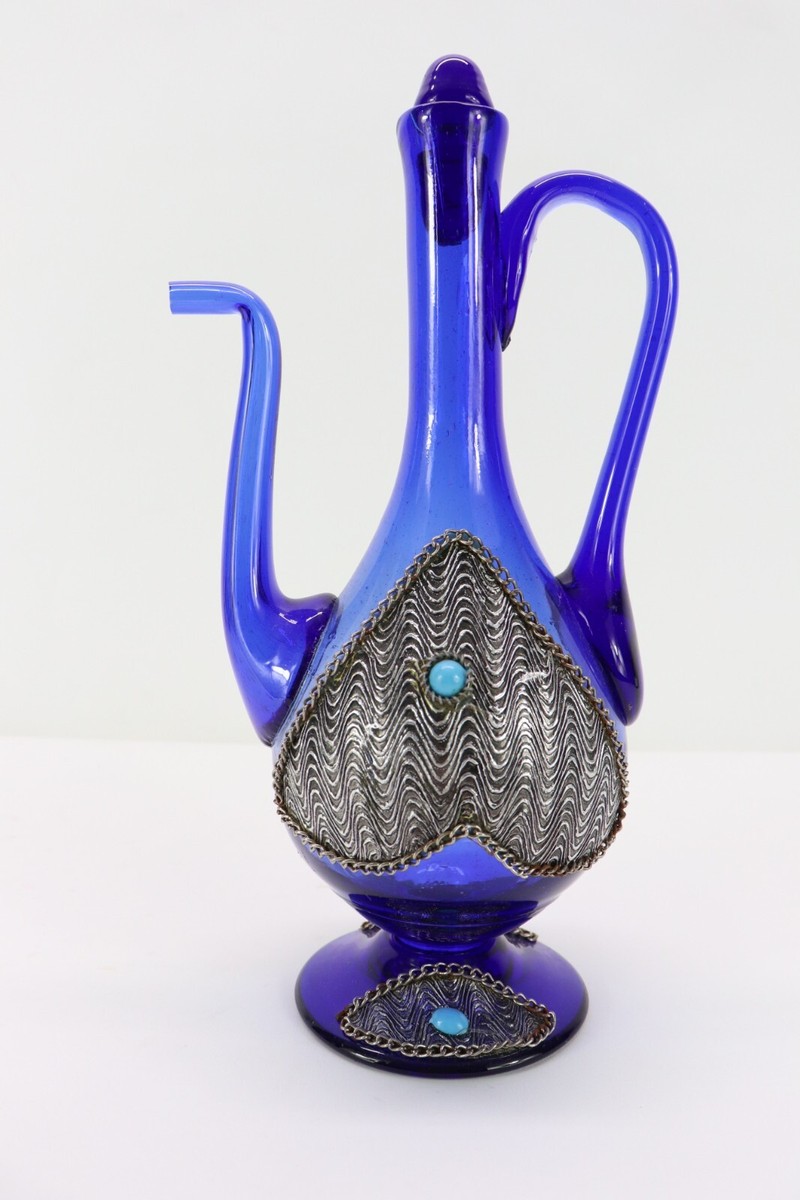 Vintage Cobalt Blue Glass Turkish Moroccan Pitcher | eBay