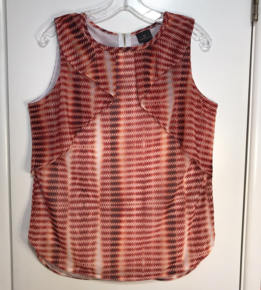 Worthington Women's size M Orange White Print Sleeveless Ruffle