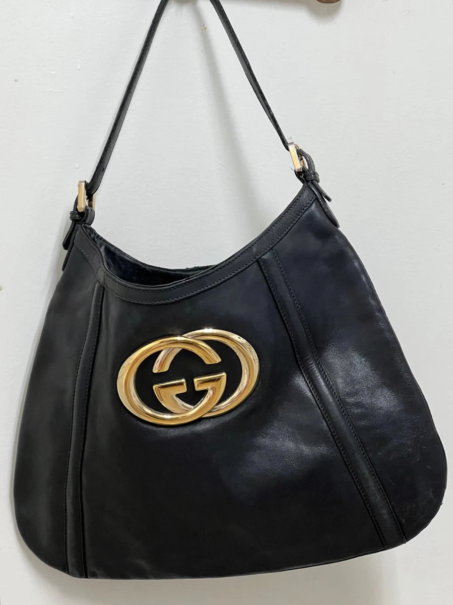 Vintage Gucci Britt Black Hobo Shoulder Handbag Oversized GG Hardware Italy