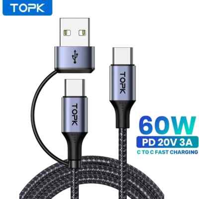TOPK 60W Fast Charger Cable USB-C Cable with USB-A Adapter Dongle  Hybrid 2-in-1