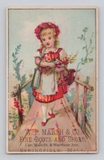Victorian Trade Card Girl with Flowers W.P. Marsh Boots and Shoes Springfield MA