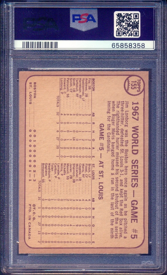 1968 TOPPS OPC O PEE CHEE 155 World Series Jim Lonborg PSA 9 MINT Boston Red sox - Image 2 of 2