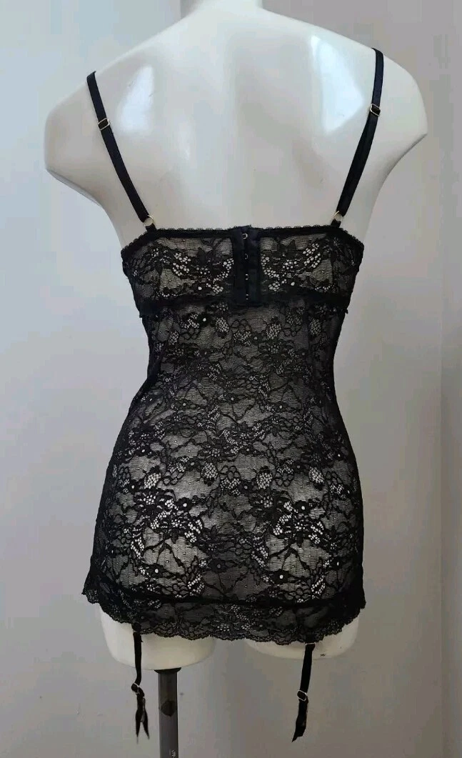 UNDERCOVER Abito slip vintage Victoria's Secret giarrettiere in pizzo nero! Taglia 34B eccellente