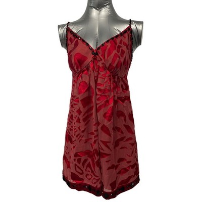 Nicole Miller Dress Womens Sz 10 Babydoll Mini Slip Dress Applique Beaded Red