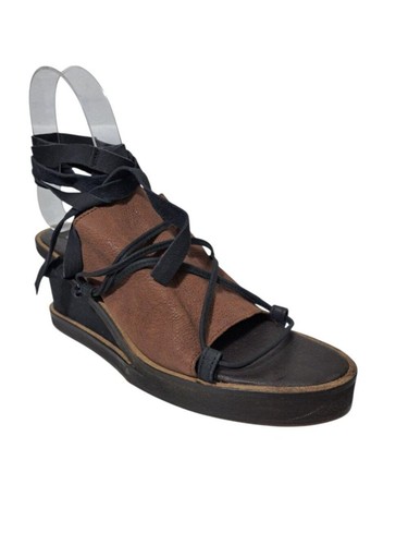 Free People Bowery Leather Lace-up Wedge Boho Sandals Black Brown Sz 39