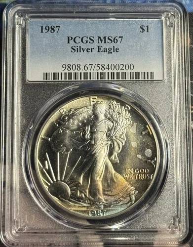 1987 American Silver $1 Eagle PCGS MS67 Colorful Toning