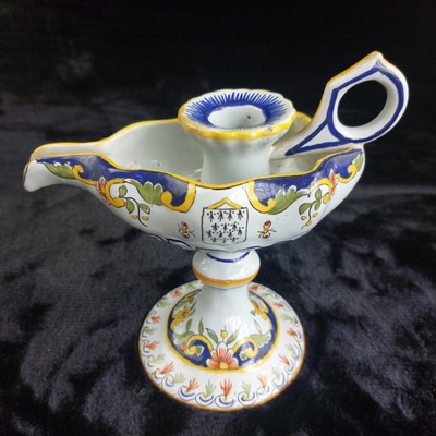 Antiker italienischer Majolika Fayence Kerzenhalter handbemalt Wappen floral