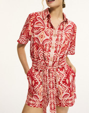 FARM RIO NWT 198 Red Tropical Tapestry Linen Blend Belted Romper XS