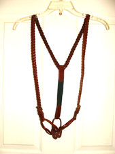 Vtg POLO RALPH LAUREN 90s Brown Green Braided Leather Brass Buckle Suspenders