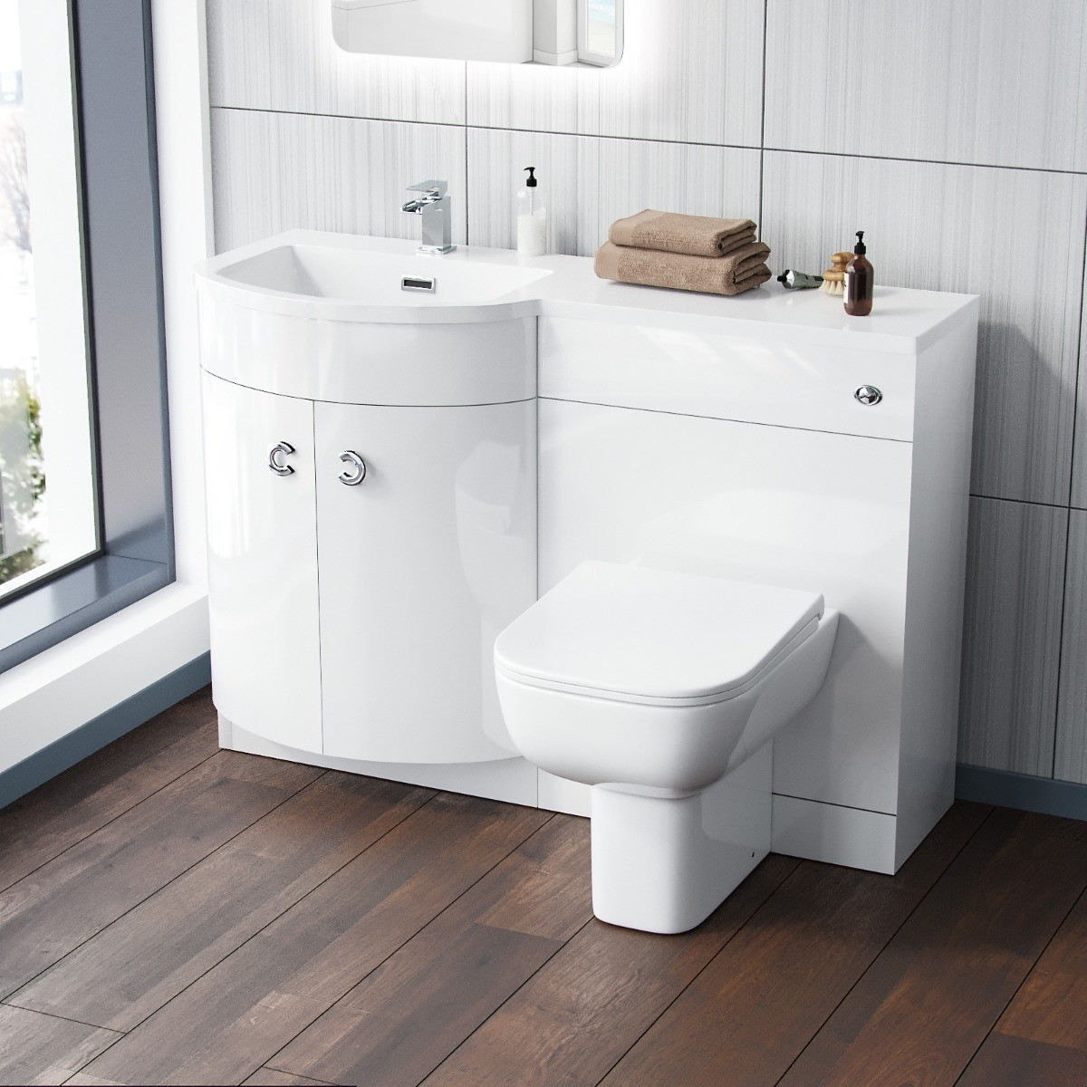 Nes Home 1100 mm P Shaped LH White Vanity Basin WC Unit & Rimless BTW Toilet