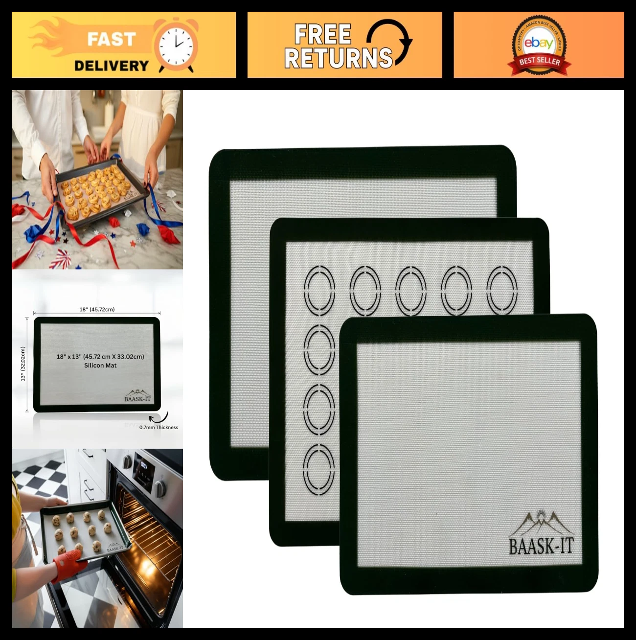 Non-Stick Silicone Baking Mats Set of 3 - Reusable Oven Liners, Parchment-Free
Opens in a new window
