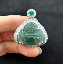Certified Blue Green Natural Type A  Jade Jadeite Inlay Happy Buddha God Pendant