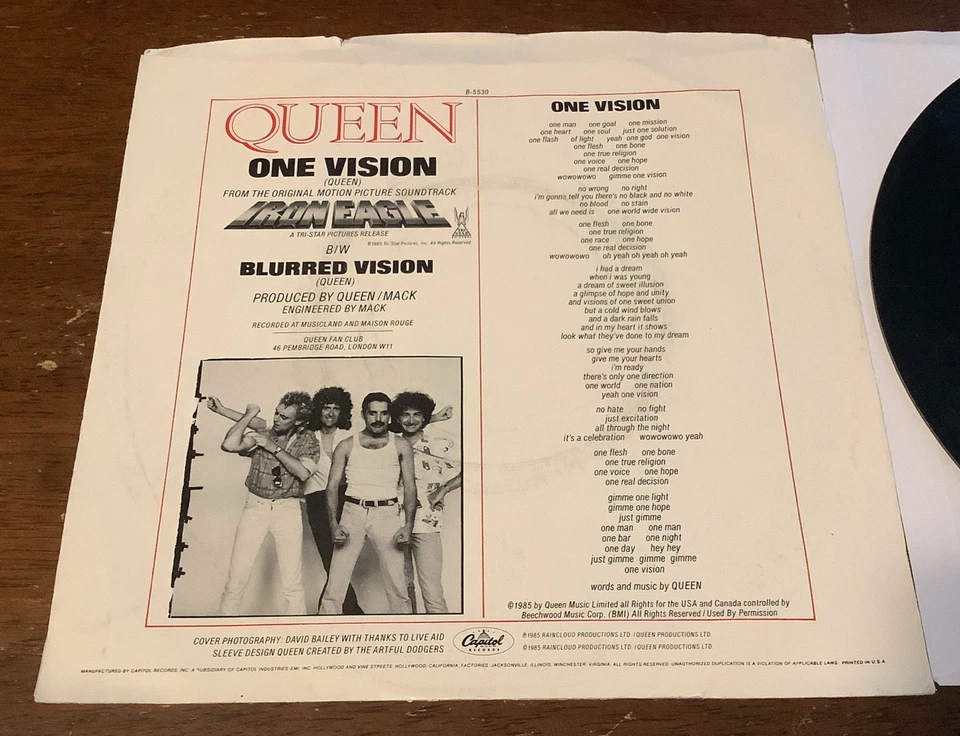 Queen 45 w/ps One Vision Blurred Vision 1985 Capitol B-5530 Foto 4 de 4
