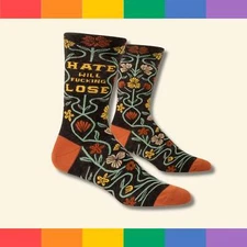 BlueQ Hate Will F*cking Lose Men's Crew Socks | Pride LGBT | All-Over Floral Pr