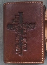 Men's RFID Christian Names of Jesus Cross Brown GENUINE LEATHER TRIFOLD WALLET