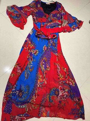 Floral BLUE and Red Maxi Dress Size XL WITH SELF FAB BELT NEW WITH TAG LINED