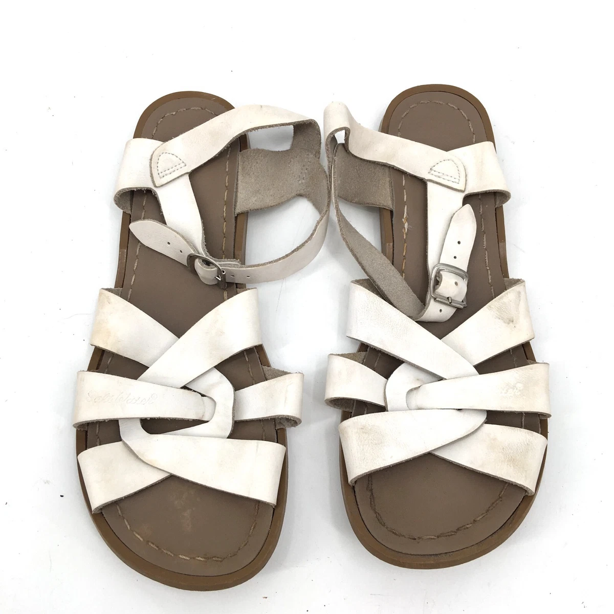 SALT WATER Strappy Buckle Leather Flat Sandals classic White play condition 6