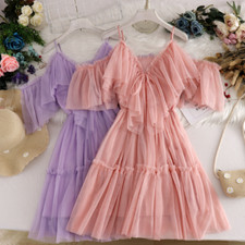 Ladies Off Shoulder Ruffle Ruched Swing A-Line Fairy Mesh Slip Dress Chic Summer