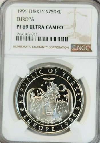 1996 TURKEY SILVER 750,000 LIRA S7.5KL EUROPA NGC PF 69 ULTRA CAMEO TOP POP 1
