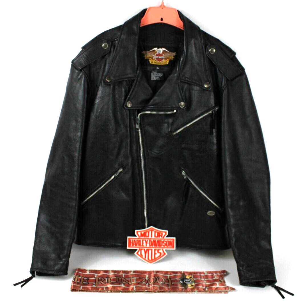 Vintage Harley Davidson Men's XL Black Leather Riding Jacket Tassel